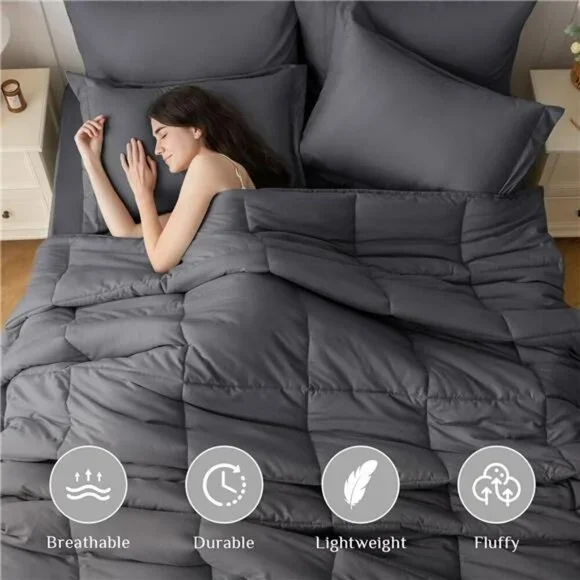 Queen Comforter Set 7 Piece Bed in a Bag Soft Down Alternative Dark Grey